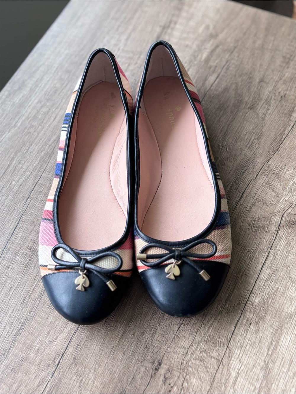 kate spade Black Cap Toe Striped Pink & Blue Ballet Flats